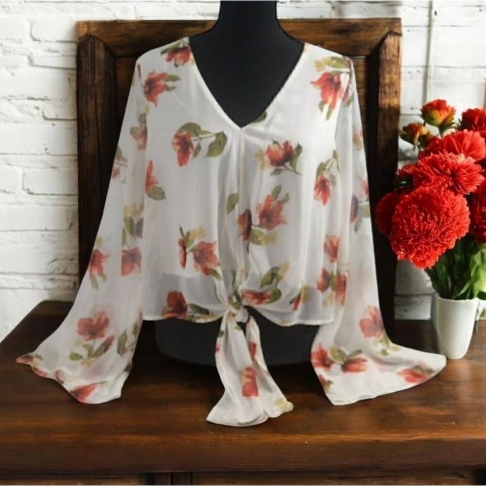 Floral Print V Neck Long Trumpet Sleeve Chiffon Top